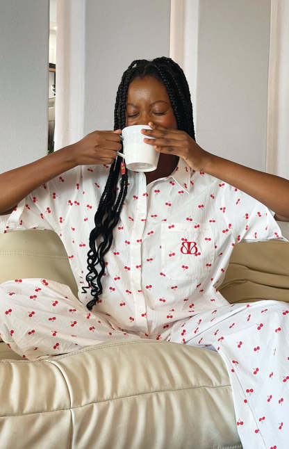 Alexea Cherry Print Pajama Shirt-Vavasi.All Rights Reserved.