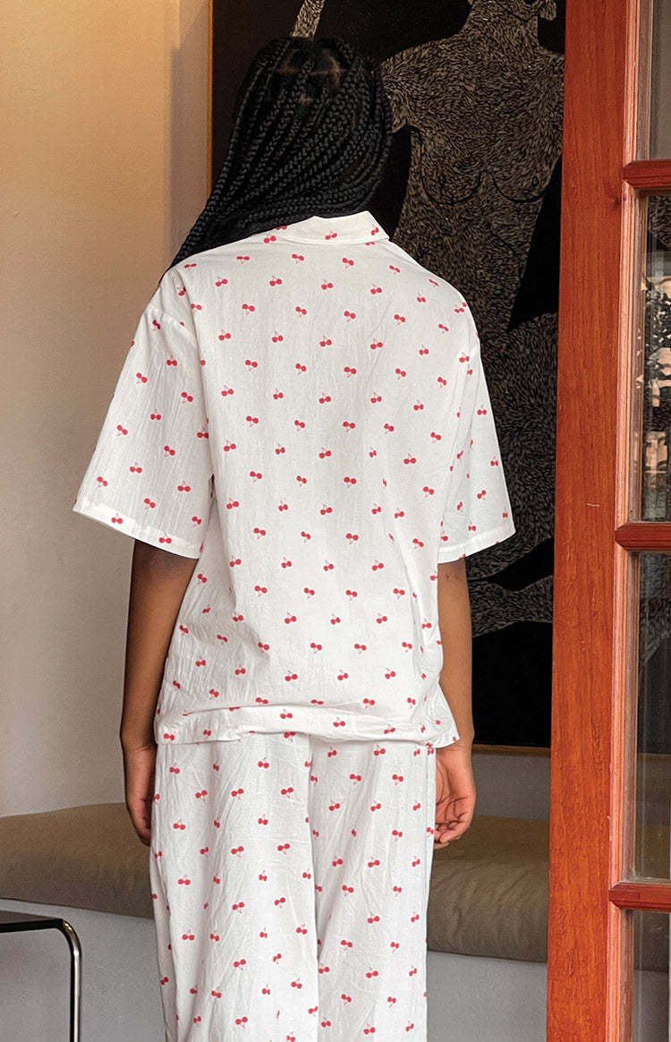Alexea Cherry Print Pajama Shirt-Vavasi.All Rights Reserved.