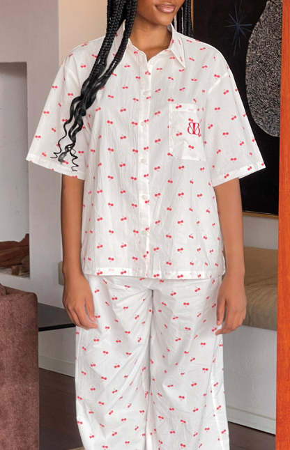 Alexea Cherry Print Pajama Shirt-Vavasi.All Rights Reserved.