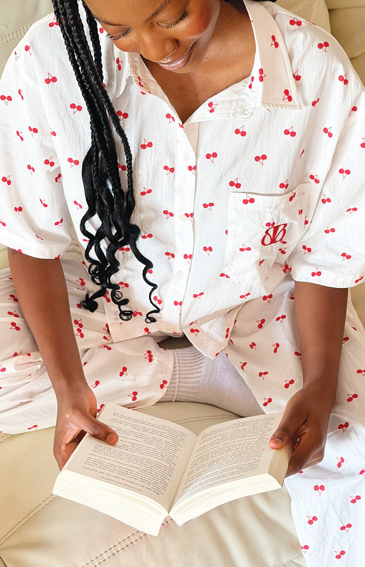 Alexea Cherry Print Pajama Shirt-Vavasi.All Rights Reserved.