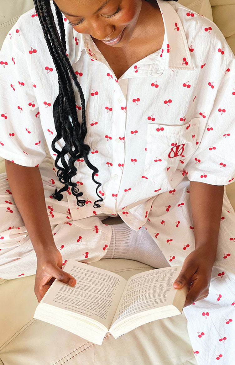 Alexea Cherry Print Pajama Shirt-Vavasi.All Rights Reserved.