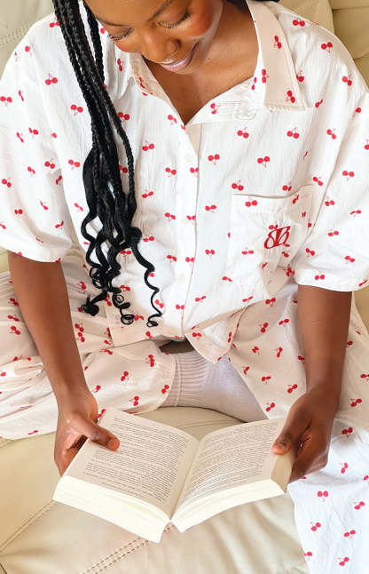 Alexea Cherry Print Pajama Shirt-Vavasi.All Rights Reserved.