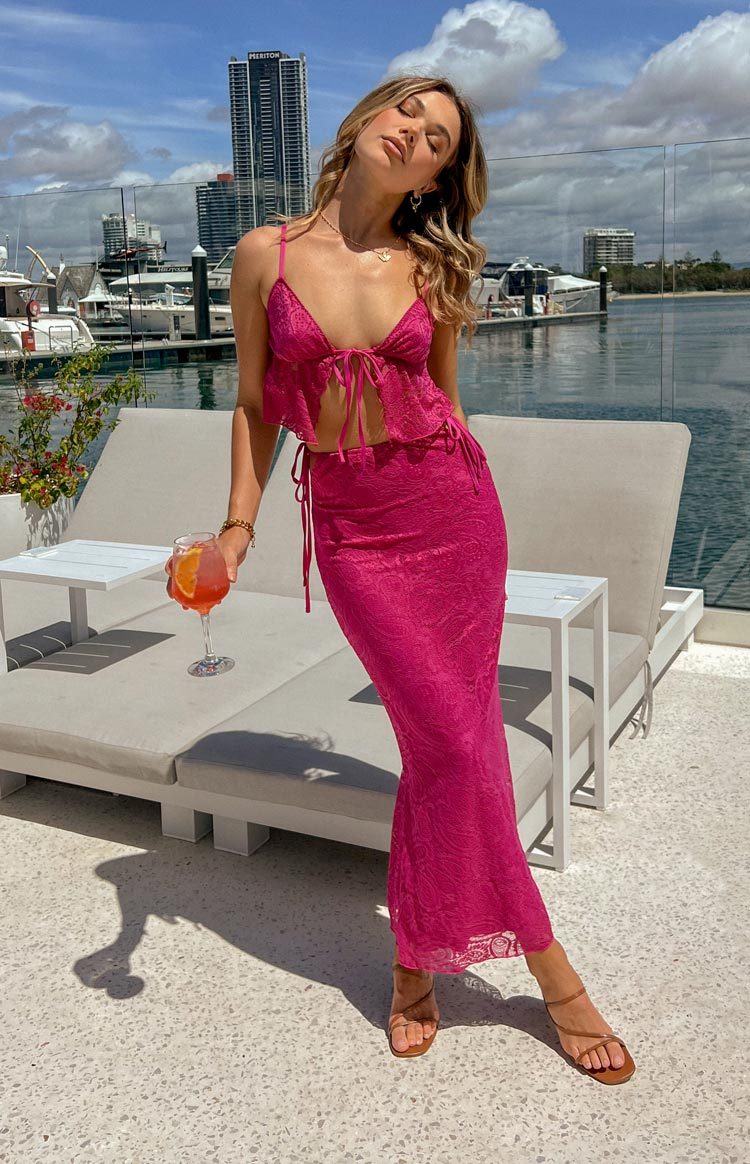 Alexia Fuschia Lace Tie Up Maxi Skirt-Vavasi.All Rights Reserved.