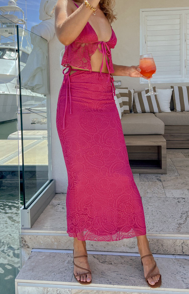 Alexia Fuschia Lace Tie Up Maxi Skirt-Vavasi.All Rights Reserved.