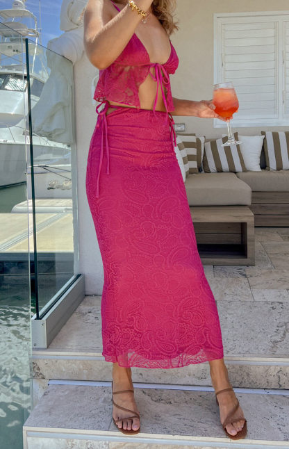 Alexia Fuschia Lace Tie Up Maxi Skirt-Vavasi.All Rights Reserved.