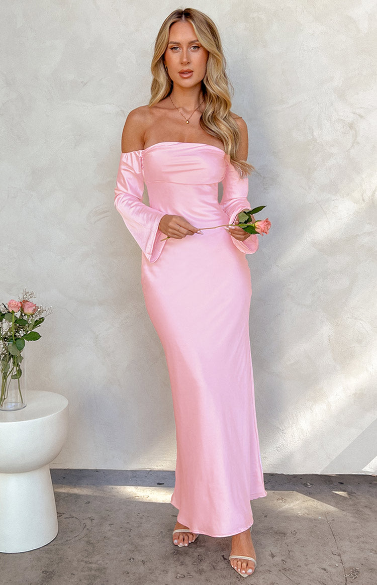 Alita Baby Pink Off The Shoulder Long Sleeve Maxi Formal Dress-Vavasi.All Rights Reserved.