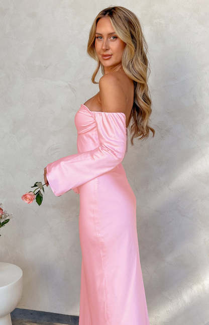 Alita Baby Pink Off The Shoulder Long Sleeve Maxi Formal Dress-Vavasi.All Rights Reserved.