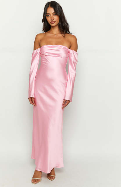 Alita Baby Pink Off The Shoulder Long Sleeve Maxi Formal Dress-Vavasi.All Rights Reserved.