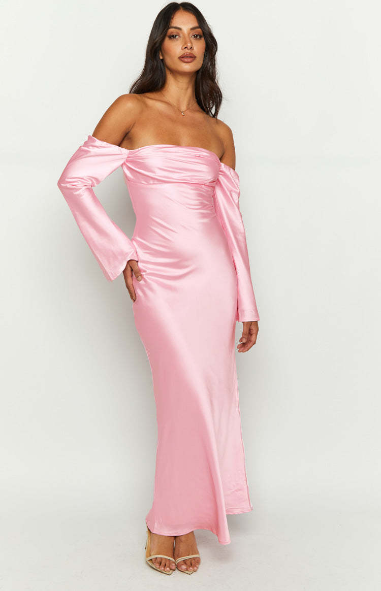 Alita Baby Pink Off The Shoulder Long Sleeve Maxi Formal Dress-Vavasi.All Rights Reserved.