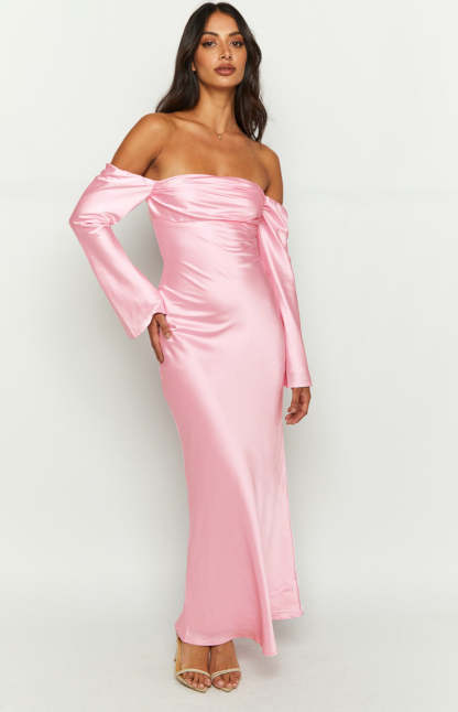 Alita Baby Pink Off The Shoulder Long Sleeve Maxi Formal Dress-Vavasi.All Rights Reserved.