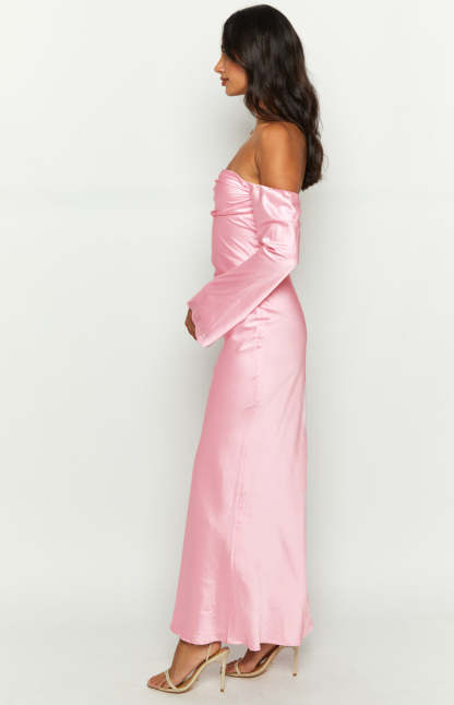 Alita Baby Pink Off The Shoulder Long Sleeve Maxi Formal Dress-Vavasi.All Rights Reserved.
