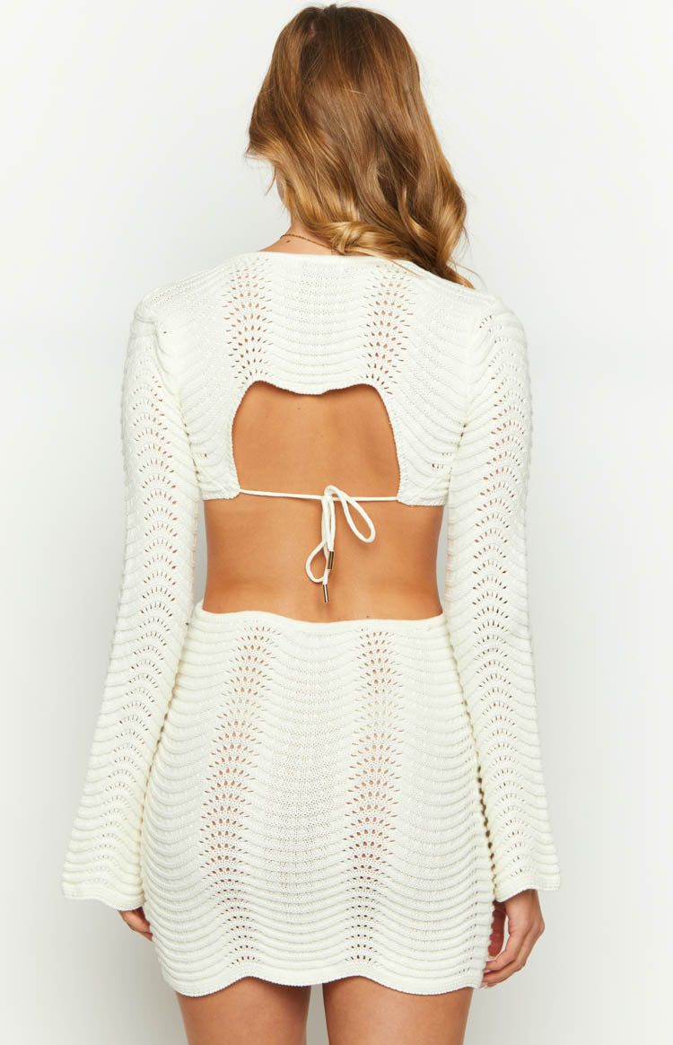 Alitzia White Knit Long Sleeve Mini Dress-Vavasi.All Rights Reserved.
