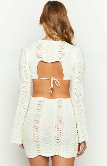 Alitzia White Knit Long Sleeve Mini Dress-Vavasi.All Rights Reserved.