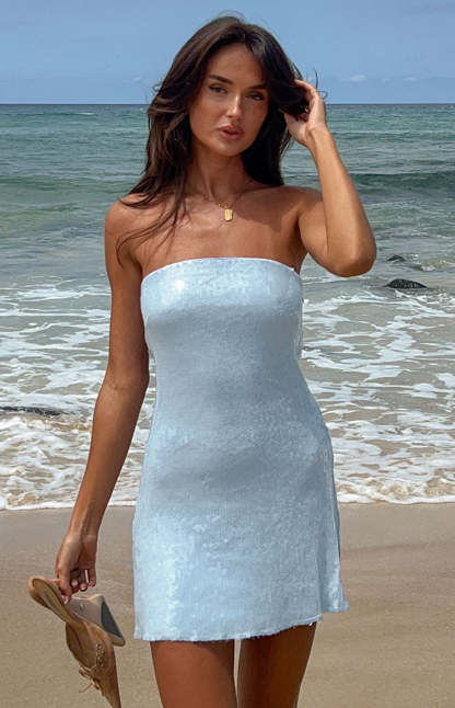 Allie Blue Sequin Strapless Mini Dress-Vavasi.All Rights Reserved.