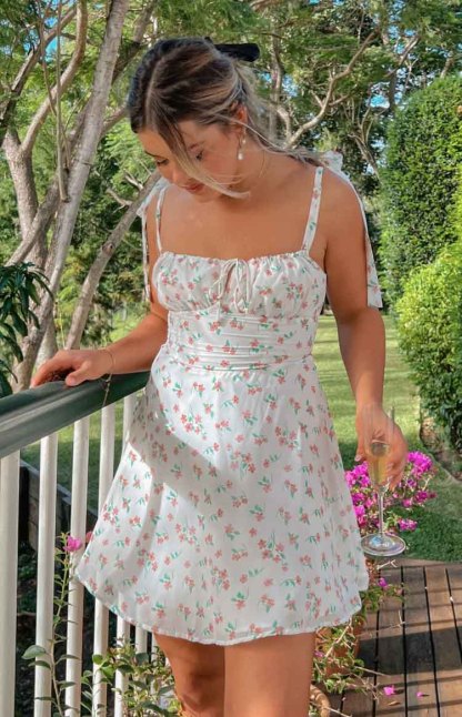 Althea White Floral Tie Strap Mini Dress-Vavasi.All Rights Reserved.