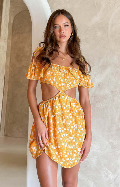 Alyssa Orange Floral Ruffle Mini Dress-Vavasi.All Rights Reserved.