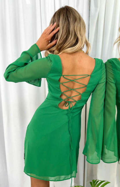 Amalfi Green Long Sleeve Lace Up Mini Dress-Vavasi.All Rights Reserved.