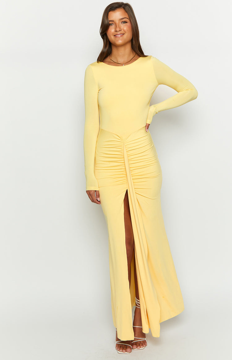 Amber Glow Yellow Long Sleeve Maxi Dress-Vavasi.All Rights Reserved.