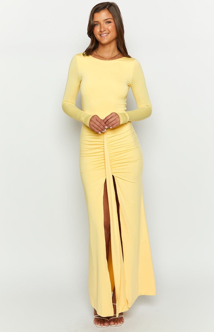 Amber Glow Yellow Long Sleeve Maxi Dress-Vavasi.All Rights Reserved.