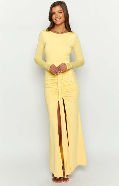 Amber Glow Yellow Long Sleeve Maxi Dress-Vavasi.All Rights Reserved.