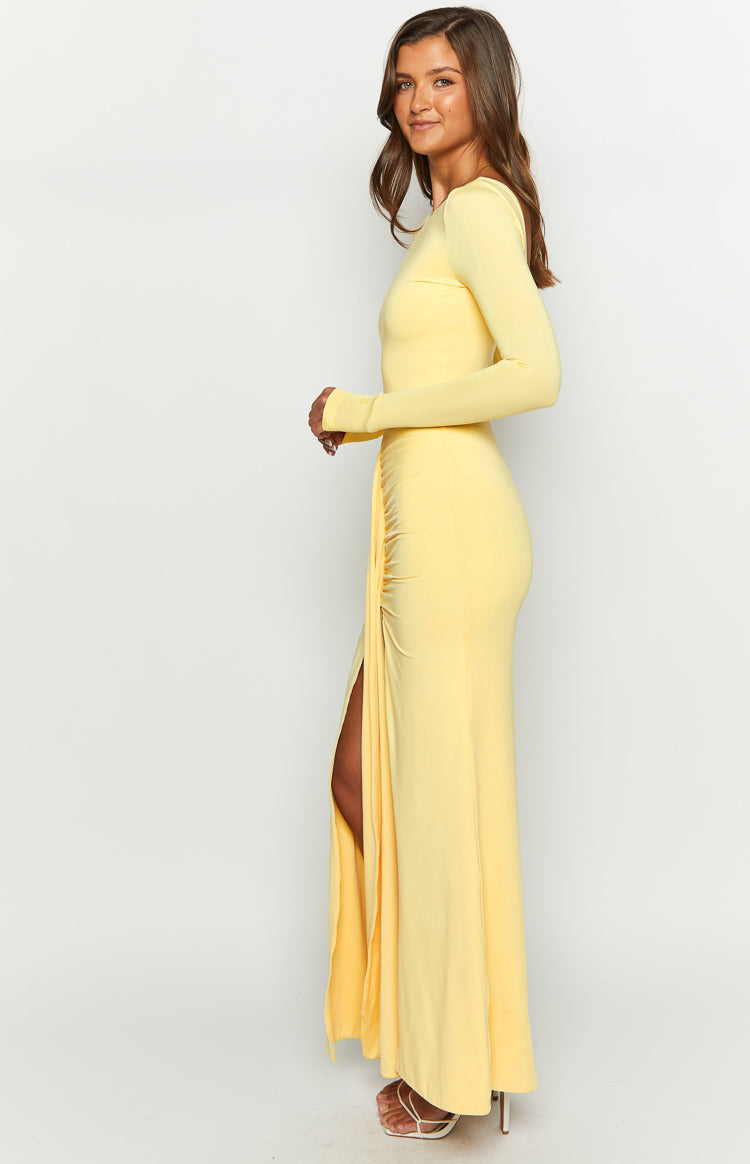 Amber Glow Yellow Long Sleeve Maxi Dress-Vavasi.All Rights Reserved.