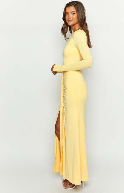 Amber Glow Yellow Long Sleeve Maxi Dress-Vavasi.All Rights Reserved.
