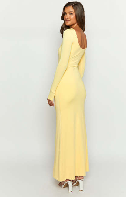 Amber Glow Yellow Long Sleeve Maxi Dress-Vavasi.All Rights Reserved.