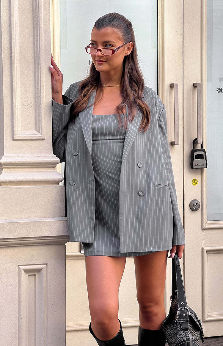 Amelia Grey Striped Mini Dress-Vavasi.All Rights Reserved.