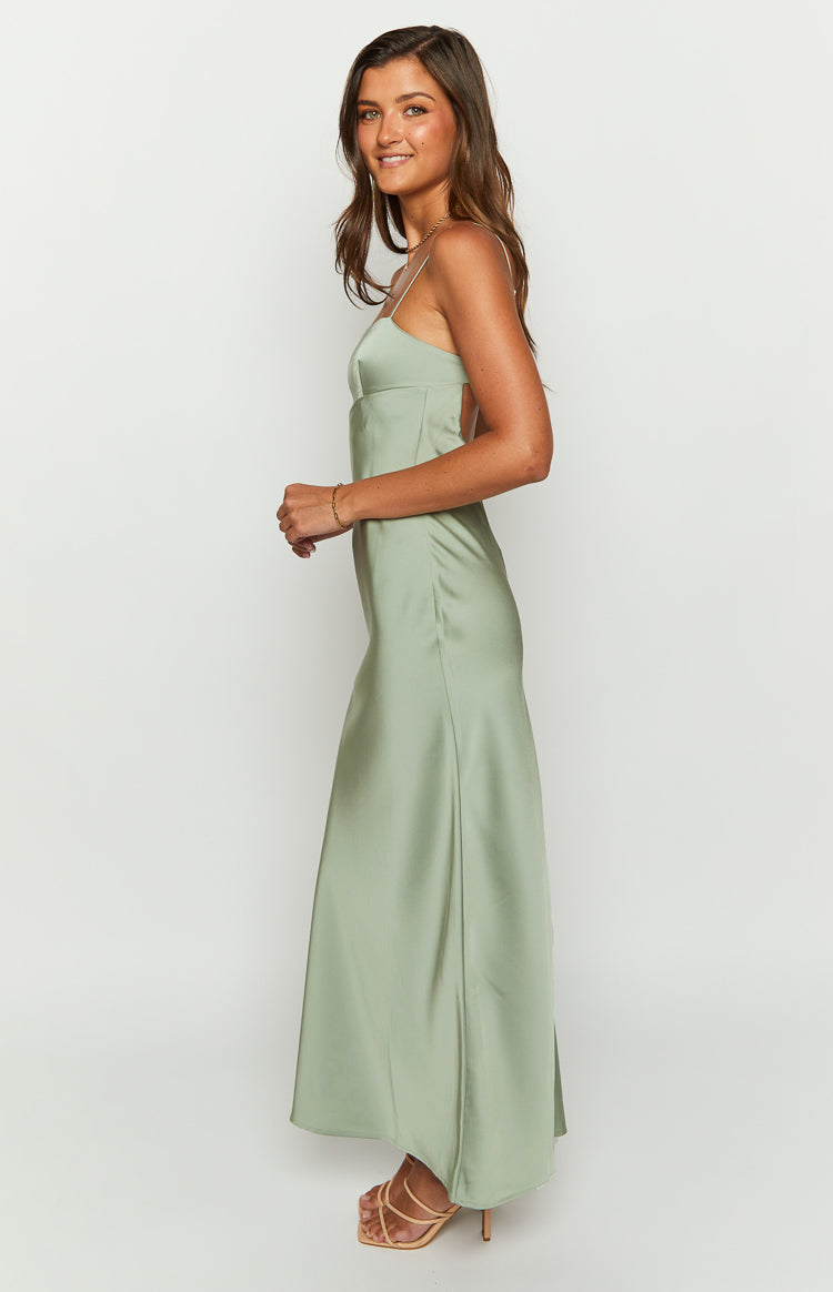Amour Sage Satin Maxi Dress-Vavasi.All Rights Reserved.