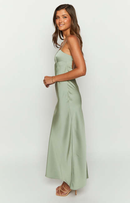 Amour Sage Satin Maxi Dress-Vavasi.All Rights Reserved.