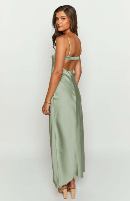 Amour Sage Satin Maxi Dress-Vavasi.All Rights Reserved.