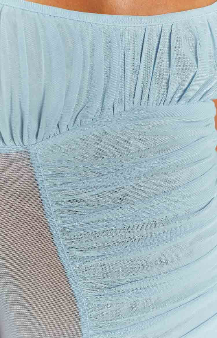 Andrea Blue Ruched Sheer Midi Dress-Vavasi.All Rights Reserved.