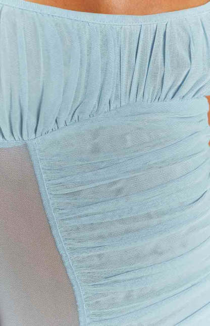 Andrea Blue Ruched Sheer Midi Dress-Vavasi.All Rights Reserved.