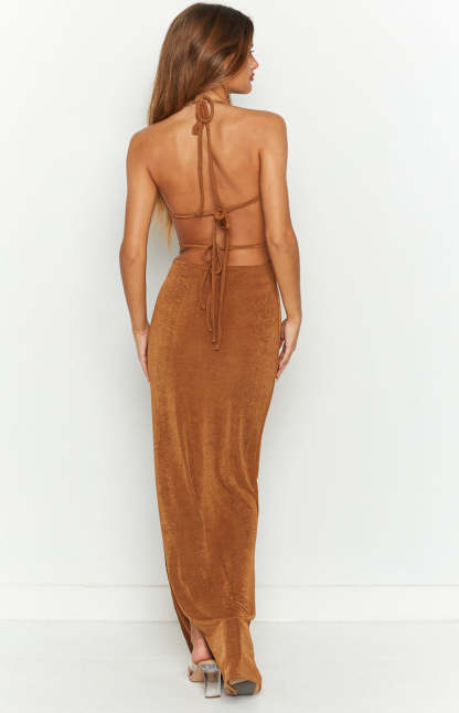 Angie Brown Halter Maxi Dress-Vavasi.All Rights Reserved.