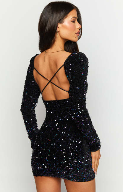 Annika Black Sequin Long Sleeve Mini Dress-Vavasi.All Rights Reserved.