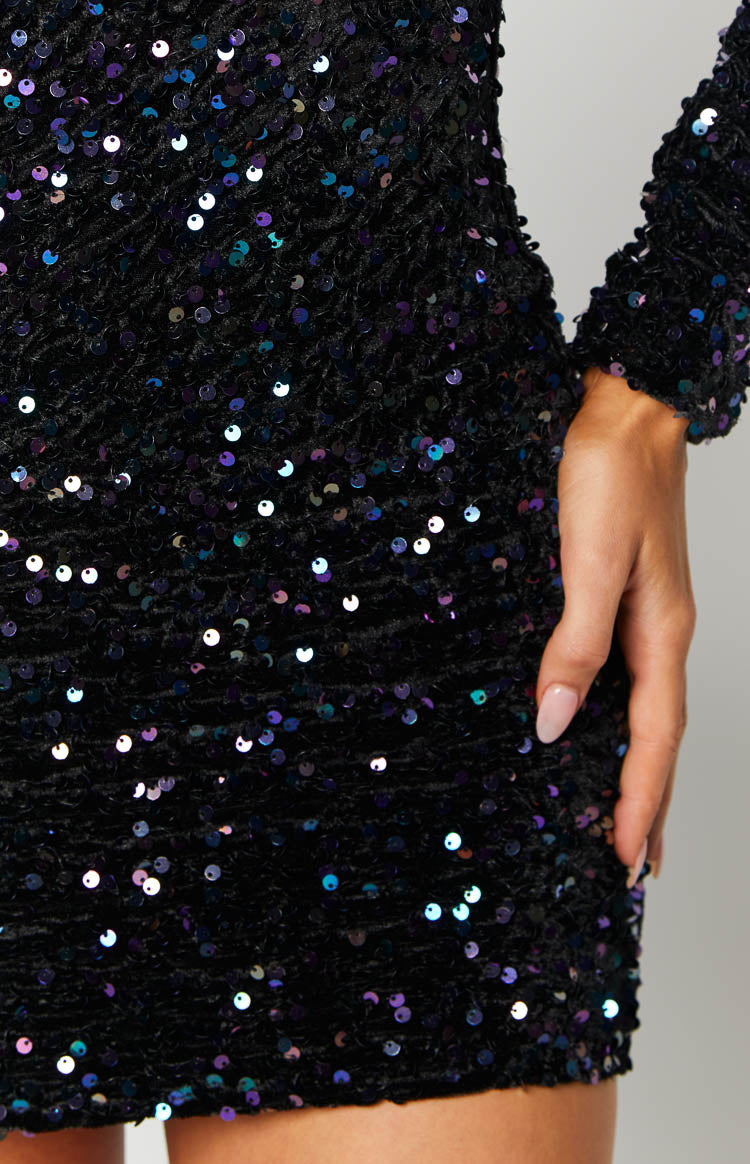 Annika Black Sequin Long Sleeve Mini Dress-Vavasi.All Rights Reserved.