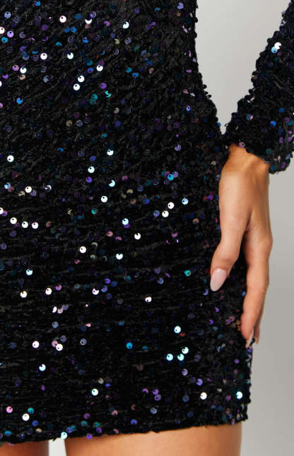 Annika Black Sequin Long Sleeve Mini Dress-Vavasi.All Rights Reserved.