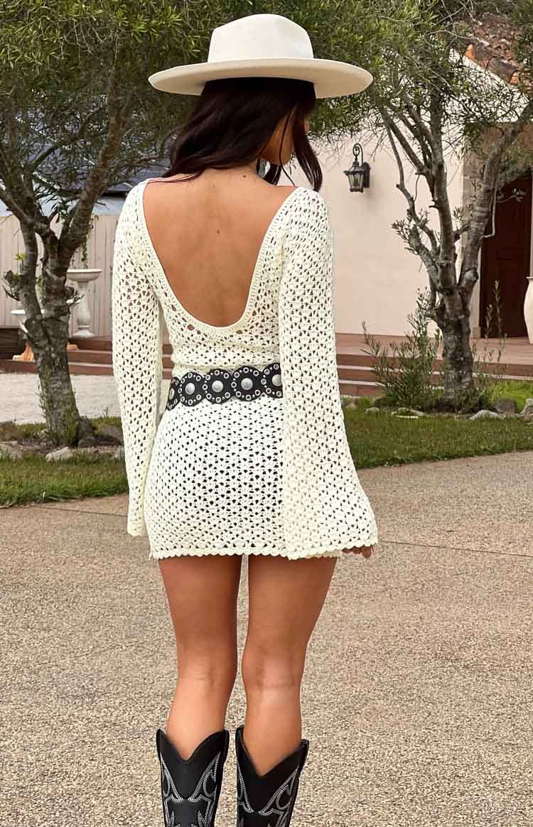 Anthem White Crochet Long Sleeve Mini Dress-Vavasi.All Rights Reserved.