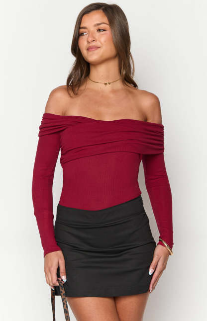 Ari Red Off Shoulder Bodysuit-Vavasi.All Rights Reserved.