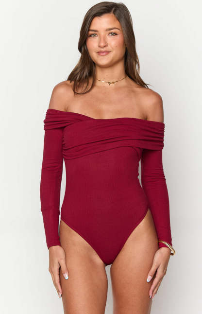 Ari Red Off Shoulder Bodysuit-Vavasi.All Rights Reserved.