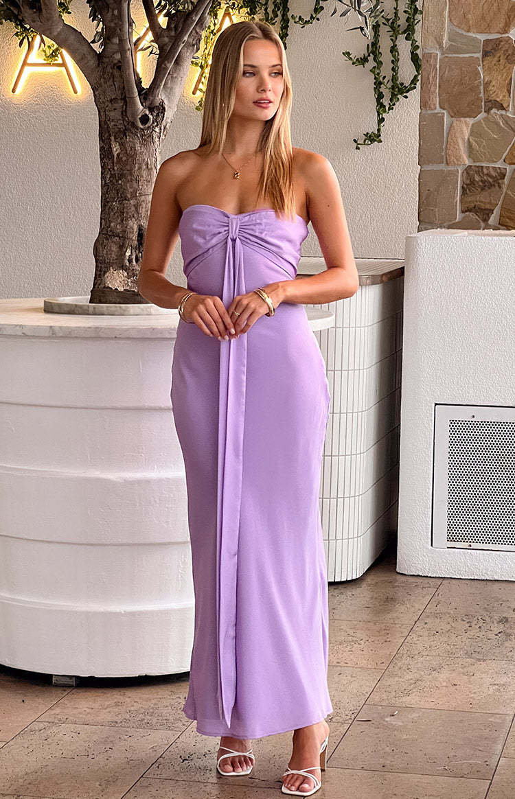 Ariella Lilac Satin Strapless Maxi Dress-Vavasi.All Rights Reserved.