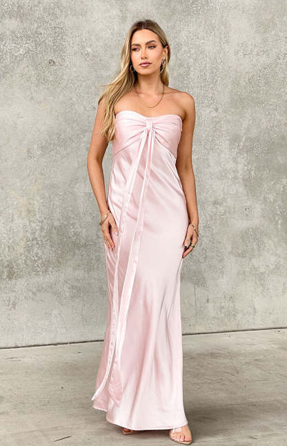 Ariella Pink Satin Strapless Maxi Dress-Vavasi.All Rights Reserved.