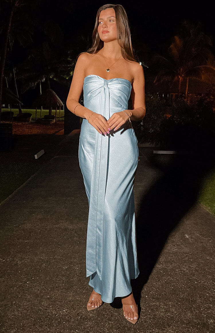 Ariella Blue Satin Strapless Maxi Dress-Vavasi.All Rights Reserved.