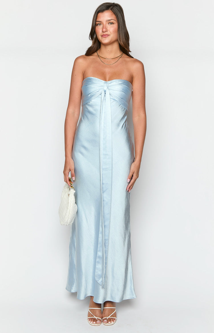 Ariella Blue Satin Strapless Maxi Dress-Vavasi.All Rights Reserved.