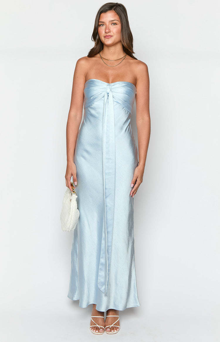 Ariella Blue Satin Strapless Maxi Dress-Vavasi.All Rights Reserved.