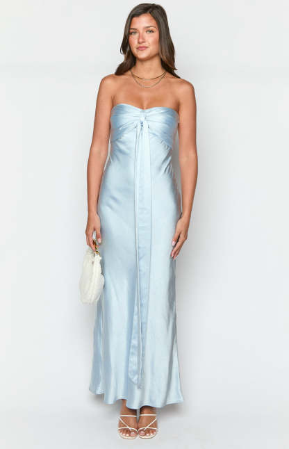 Ariella Blue Satin Strapless Maxi Dress-Vavasi.All Rights Reserved.
