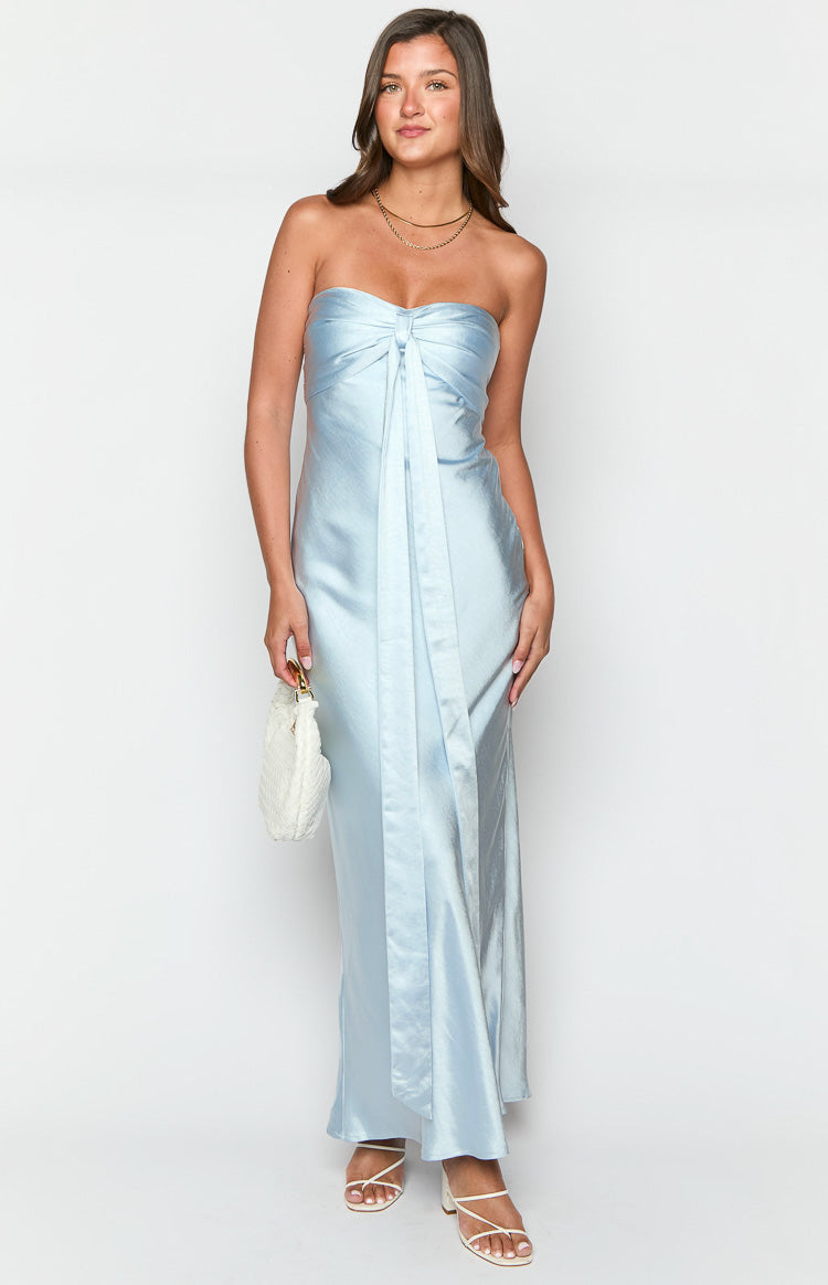 Ariella Blue Satin Strapless Maxi Dress-Vavasi.All Rights Reserved.