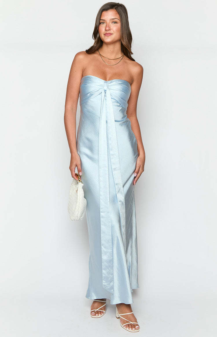 Ariella Blue Satin Strapless Maxi Dress-Vavasi.All Rights Reserved.