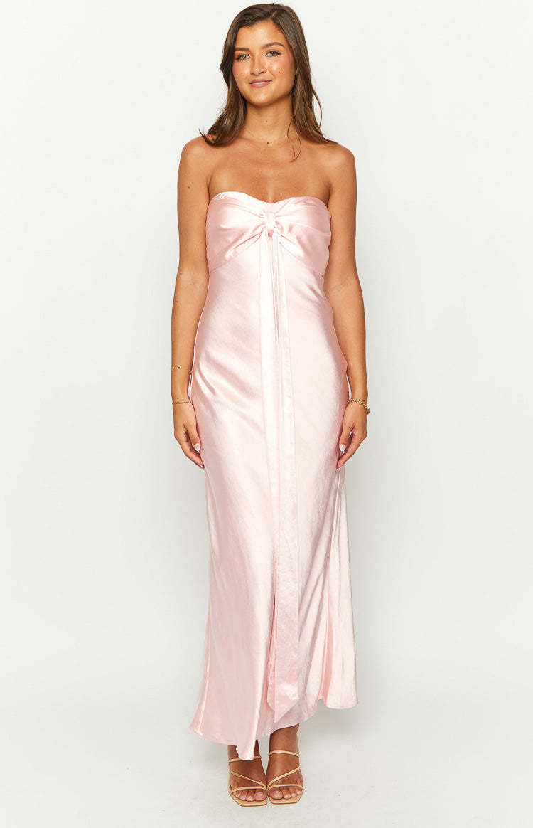 Ariella Pink Satin Strapless Maxi Dress-Vavasi.All Rights Reserved.