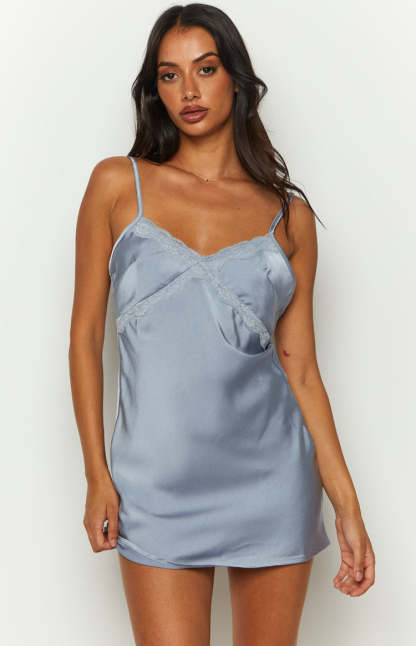 Arlo Blue Satin Lace Mini Dress-Vavasi.All Rights Reserved.